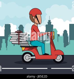 Poster paysage de ville avec fast pizza delivery man in red scooter Illustration de Vecteur