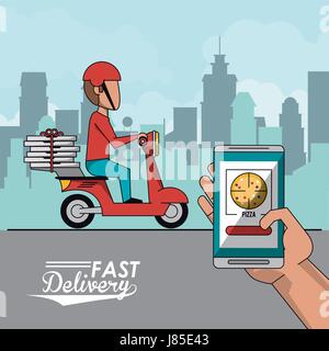 Poster paysage de ville avec fast pizza delivery man in red scooter et libre application pour smartphone Illustration de Vecteur