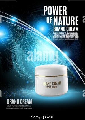 Vector illustration 3D pour la promotion de cosmétiques hydratantes et nourrissantes haut de gamme. Bouteilles blanc mat avec un arrière-plan sur feuille de palmier avec des éléments lumineux et Illustration de Vecteur