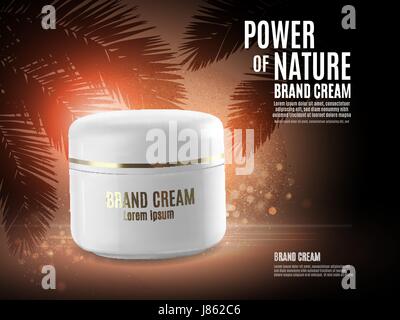 Vector illustration 3D pour la promotion de cosmétiques hydratantes et nourrissantes haut de gamme. Bouteilles blanc mat avec un arrière-plan sur feuille de palmier avec des éléments lumineux et Illustration de Vecteur