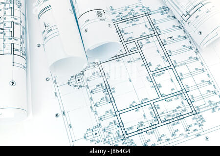 Les plans de construction laminées sur arrière-plan Plan directeur de projet d'architecture Banque D'Images