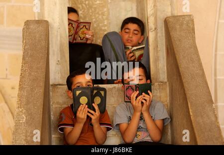 La ville de Gaza, bande de Gaza, territoire palestinien. 27 mai, 2017. Les enfants palestiniens lire exemplaires du Coran, livre saint de l'Islam, le premier jour du jeûne dans le mois du Ramadan, à la mosquée al-Omari, dans la ville de Gaza, le 27 mai 2017. Le Ramadan est sacré pour les musulmans parce que c'est pendant ce mois que selon la tradition, le Coran a été révélé au prophète Mohammed. Le jeûne est l'une des cinq principales obligations religieuses sous l'Islam. Plus de 1. Banque D'Images