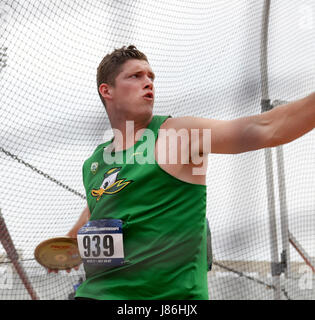 Austin, TX, USA. 27 mai, 2017. Drake' Oregons Brennan jette au cours de la discus à la NCAA 2017 Installations d'athlétisme en préliminaire de l'Ouest à l'Université du Texas Mike A. Myers Stadium à Austin, TX. John Glaser/CSM/Alamy Live News Banque D'Images