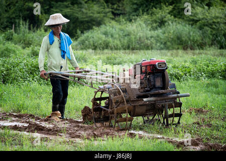 Nakhon Nayok, Thaïlande. 27 mai, 2017. Avec le début de la saison des pluies, les agriculteurs commencent à labourer les rizières dans les régions rurales de la Thaïlande. Un agriculteur laboure les champs avec un tracteur dans la main, la Thaïlande Nakhon Nayok. Credit : Lee Craker/Alamy Live News Banque D'Images