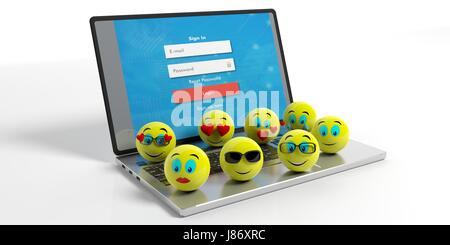 Groupe d'émoticônes jaune sur un ordinateur portable isolé sur fond blanc. 3d illustration Banque D'Images