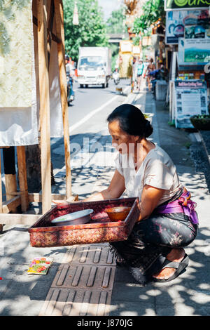 UBUD, INDONÉSIE - 25 février : femme en vêtements traditionnels balinais en faisant des offrandes aux dieux, Ubud, Indonésie le 25 février 2016 Banque D'Images