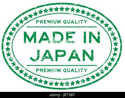 Grunge de qualité premium vert fabriqué au Japon avec l'icône de démarrage de tampon en caoutchouc ovale Illustration de Vecteur