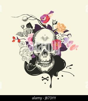 Crâne humain dessiné dans le style de gravure avec pipe en bouche contre bouquet de roses de couleur demi-os croisés, et une tache d'encre sur l'arrière-plan. Vector illustration pour la bannière, poster, t-shirt print Illustration de Vecteur
