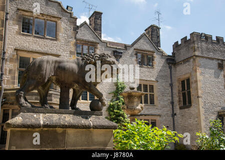 Lion en pierre à l'extérieur de Thornbridge hall une salle de mariage et jardins près de Bakewell dans le Derbyshire, Angleterre. Banque D'Images