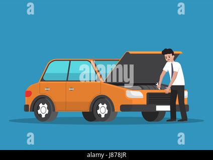 Homme d'affaires stressantes réparer la voiture par lui-même. Illustration de Vecteur