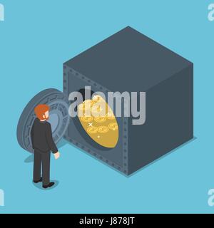 Businessman standing in front of coffre plein d'argent, de la richesse et de l'économiser de l'argent gratuit. Illustration de Vecteur