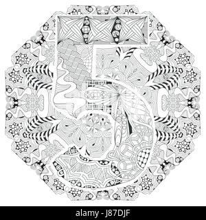 La conception de l'art peint à la main. Anti-stress adultes page à colorier. Noir et blanc illustration dessiné à la main avec mandala numero 5 pour Coloring Book Illustration de Vecteur