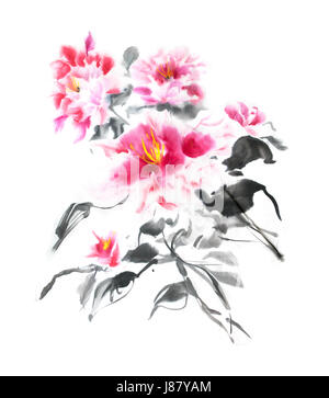 Beau bouquet de pivoines rose peint avec de l'encre dans le style japonais. Superbe bouquet de fleurs aquarelle d'offres. L'illustration pour la carte postale, T-shirt print, cartes de vœux, des affiches, des bannières. Banque D'Images