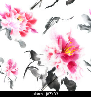 Beau motif transparent avec pivoines rose peint avec de l'encre dans le style japonais. Papier peint à l'aquarelle fleurs sur fond blanc. Illustration pour le tissu imprimé, toile, papier d'emballage Banque D'Images