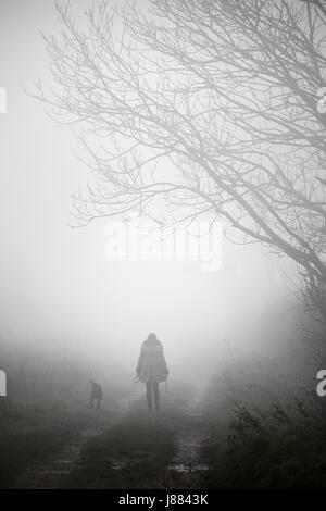 Femme marche le long du chemin d'Peddar dans un brouillard épais avec son chien. Banque D'Images