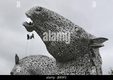 Cordistes Andrew Pennycuick (à gauche), Paul Smith (à droite) et John Benson (haut) réalisation du premier bilan de santé de la Kelpies à Falkirk lorsqu'ils approchent de leur troisième anniversaire. Banque D'Images