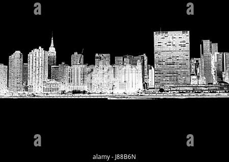 New York City waterfront skyline.Vue de l'Empire state building, UN builoding noir et blanc Banque D'Images