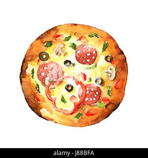 La pizza. Aquarelle illustration dessinée à la main sur un fond blanc Banque D'Images