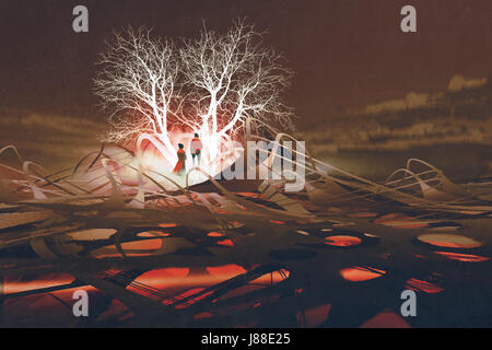 Le couple standing in front of glowing arbres en anglais Abstract landscape with style art digital, peinture illustration Banque D'Images