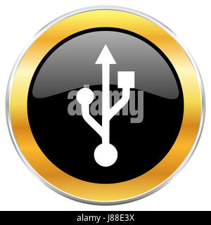 L'icône web usb noir avec bordure or isolé sur fond blanc. Bouton brillant rond. Banque D'Images
