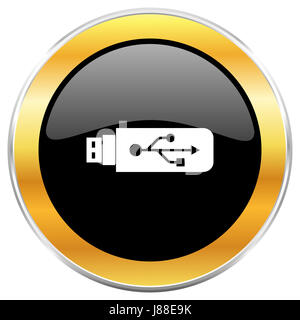 L'icône web usb noir avec bordure or isolé sur fond blanc. Bouton brillant rond. Banque D'Images
