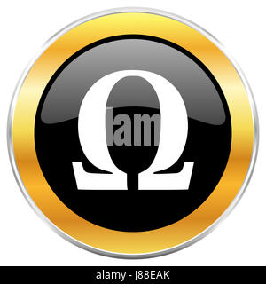 Black Omega icône web avec golden border isolé sur fond blanc. Bouton brillant rond. Banque D'Images