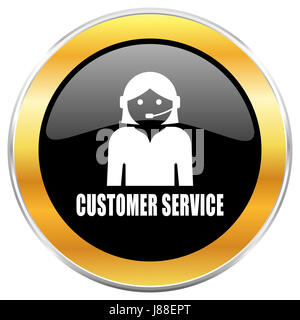 Service client web icon noir avec bordure or isolé sur fond blanc. Bouton brillant rond. Banque D'Images