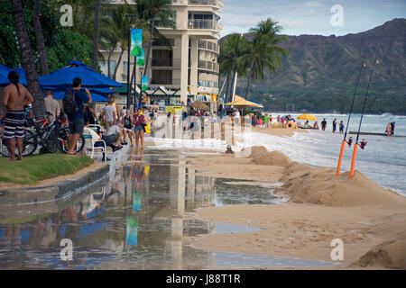 Enregistrer la marée haute ou de grandes marées à Waikiki Beach en mai 2017, Oahu, Hawaii Banque D'Images