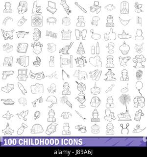 La petite enfance 100 icons set style du contour, Illustration de Vecteur