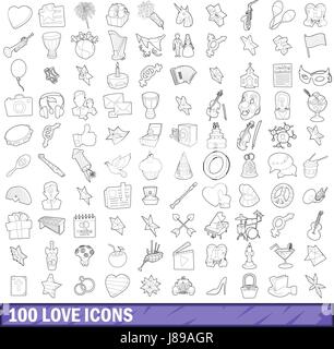 100 love icons set style du contour, Illustration de Vecteur