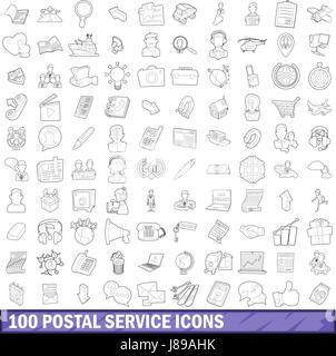 100 service postal icons set style du contour, Illustration de Vecteur