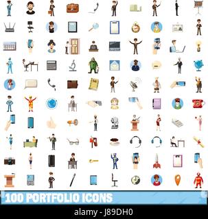 100 icons set portefeuille, cartoon style Illustration de Vecteur