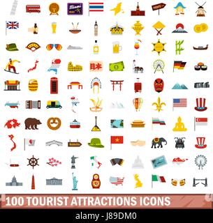 100 attractions touristiques icons set, style plat Illustration de Vecteur