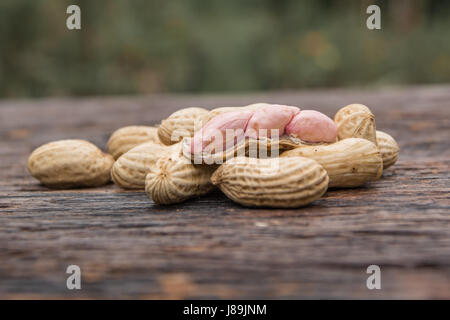 Les arachides en coque avec l'arachide fraîche sur le fond en bois nature Banque D'Images