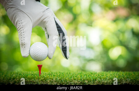 Les joueurs de golf ball on tee main mise Banque D'Images