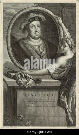 Cette gravure du roi Henri VIII par Gérard Valck, d'après une œuvre d'Adriaen van der Werff, dépeint le monarque anglais de manière détaillée et formelle. La gravure de Valckâ€™s capture la ressemblance de KingÂ€™s, basée sur la peinture originale de van der Werff, mettant en valeur la tenue royale et la figure imposante typique des portraits royaux de l'époque. Banque D'Images