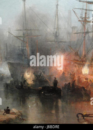 Keelmen Heaving in Coals de Moonlight (1835) est une peinture à l'huile de J.M.W. Turner, représentant des ouvriers chargeant du charbon sur un bateau la nuit sous le clair de lune, mettant en valeur l'utilisation magistrale de la lumière et de l'atmosphère par Turner. Banque D'Images