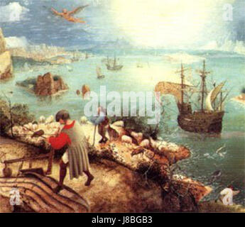 *La chute d’Icare* est une peinture attribuée à la famille Brueghel, située dans le Musée van Buuren. L'œuvre représente la chute mythique d'Icare, soulignant le contraste entre sa disparition tragique et l'indifférence de la scène environnante. Banque D'Images