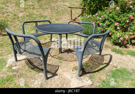 Fer à repasser table et chaises dans le jardin Banque D'Images
