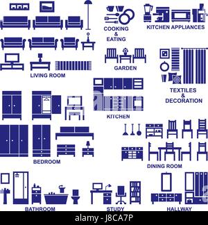 Le mobilier et l'équipement d'accueil silhouette vector icons set Illustration de Vecteur