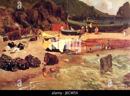 Cette œuvre représente des bateaux de pêche à Capri, en Italie, capturant la beauté pittoresque du port de l'île. Connue pour ses eaux cristallines et ses falaises abruptes, Capri reste une destination populaire pour les touristes et les artistes, mettant souvent en vedette des bateaux locaux dans des scènes côtières sereines. Banque D'Images