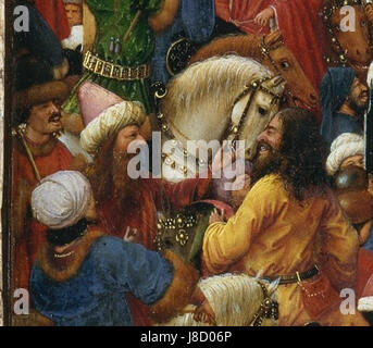 Ce détail du diptyque de Jan van Eyck montre sa maîtrise dans la capture d'images religieuses complexes. L'œuvre de Van Eyck, y compris ce diptyque, est célèbre pour son minutieux détail et sa représentation des thèmes sacrés au début de la Renaissance Banque D'Images