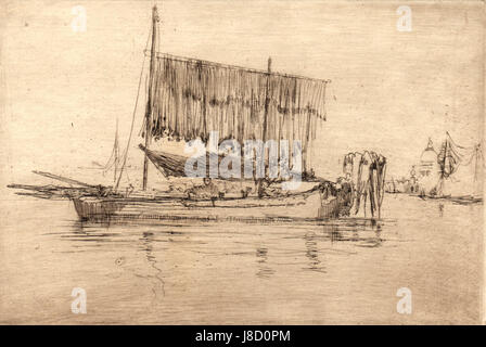 Cette gravure de James Abbott McNeill Whistler, créée entre 1879 et 1880, représente un bateau de pêche. L'œuvre d'art est réalisée sur du papier versé et met en valeur la maîtrise de Whistler des techniques de gravure, capturant une scène tranquille d'un bateau de pêche, mettant l'accent sur la ligne et la forme dans la composition. Banque D'Images