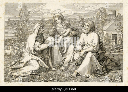 « Die heilige Familie in einer Landschaft » de Ludwig Ferdinand Schnorr von Carolsfeld est une peinture du XIXe siècle représentant la Sainte famille dans un paysage paisible, mettant en valeur le symbolisme religieux et le romantisme. Banque D'Images