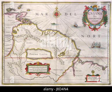 La carte de Janssonius de la Guyane et du Parima Lacus, publiée au XVIIe siècle, est un document historique clé représentant la région sud-américaine, y compris le fleuve Amazone et le lac Parima. Cette carte est remarquable pour sa représentation précoce de la géographie et des revendications territoriales lors de l'exploration européenne du Nouveau monde. Banque D'Images