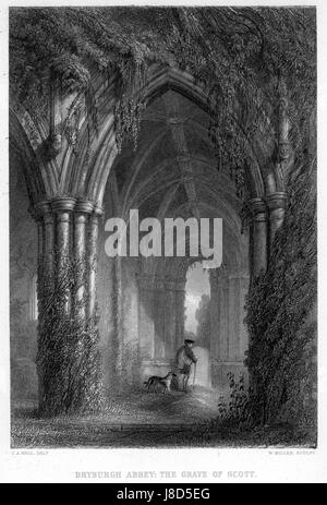 L'abbaye de Dryburgh est le lieu de sépulture de Sir Walter Scott, le célèbre auteur écossais. Cette gravure de William Miller, d'après J.A. Bell, capture l'importance historique et culturelle de l'abbaye. Banque D'Images