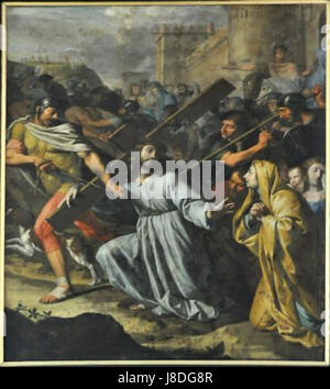 'Le portage de croix dans la chapelle St Jean Baptiste' fait référence à une œuvre d'art religieuse ou représentation de la passion du Christ. Il montre probablement le moment où le Christ a porté la croix, un moment charnière dans la tradition chrétienne. Banque D'Images