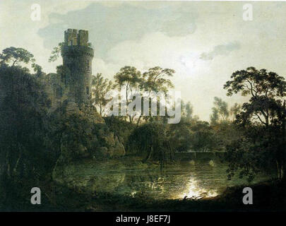 Joseph Wright of Derby. Lune avec un lac et tour crénelée.1787 Banque D'Images