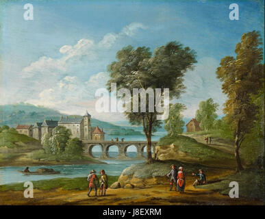 Jan Frans van Bredael (I) Paysage avec Château et du pont Banque D'Images