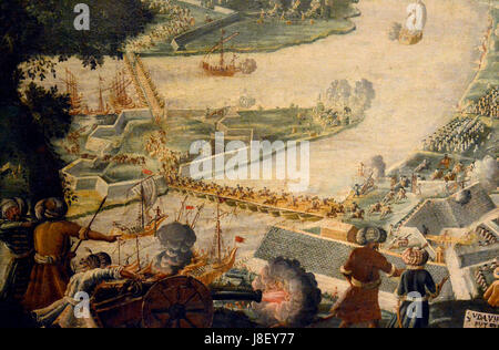 Le détail de la peinture 'Die Einnahme von Buda 1686' représente l'action militaire lors de la capture de Buda par les forces des Habsbourg, un événement crucial dans les conflits austro-ottomans à la fin du XVIIe siècle. Banque D'Images